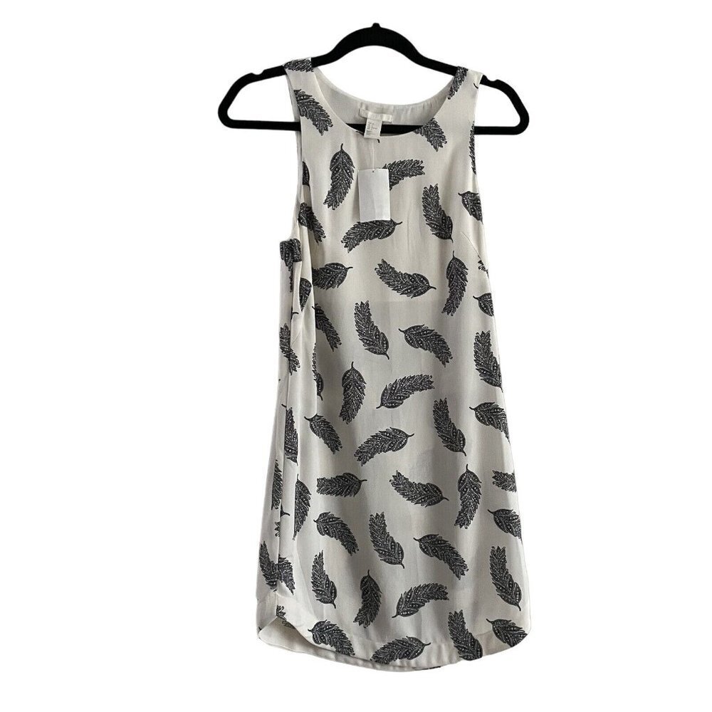 H & M Women SZ 2 Ivory & Black Feather Print Sleeveless Shift Dress NWT